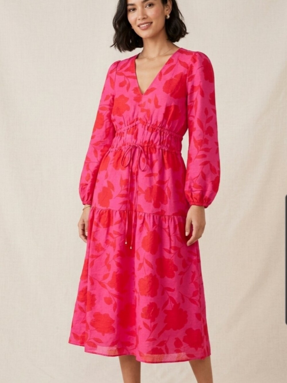 Kate Spade/Target Pink/Red Floral V-Neck Midi Dress with Drawstring Waist XS